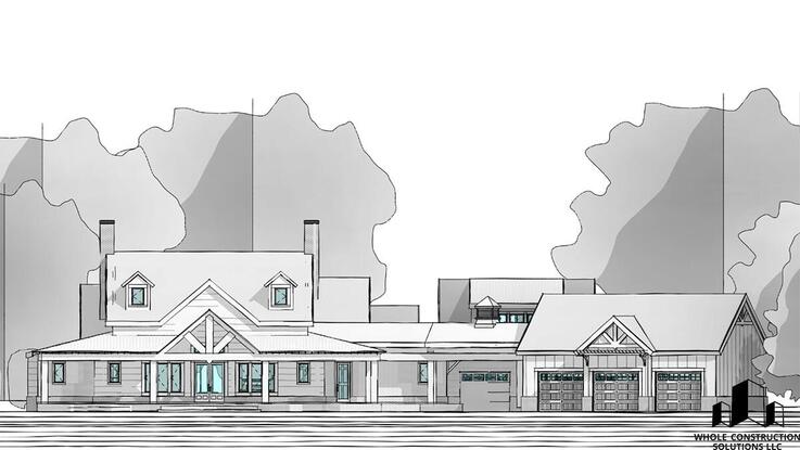 Front elevation of a craftsman-inspired single-story home with exposed timber details, gabled rooflines, and attached garages by Whole Construction Solutions LLC.